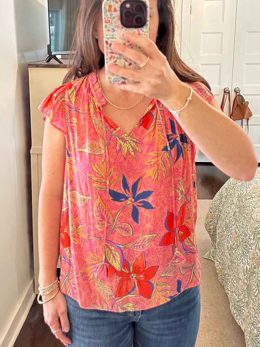 Rose + Olive Pink Floral Tropical Flutter Sleeve Blouse Top | Size Small